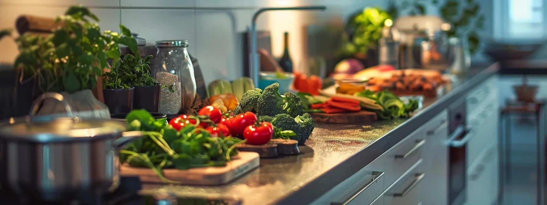 a modern, brightly lit kitchen with a variety of vibrant, nutrient-dense foods artfully arranged on a sleek counter, symbolizing the impact of diet and lifestyle on managing endometriosis symptoms. - Rachael Haverland Site a modern, brightly lit kitchen with a variety of vibrant, nutrient-dense foods artfully arranged on a sleek counter, symbolizing the impact of diet and lifestyle on managing endometriosis symptoms.