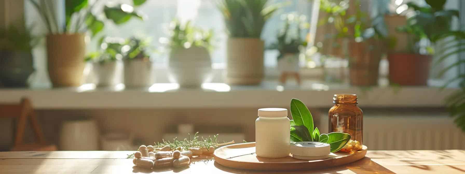 a serene, minimalist office space featuring a calming setup with herbal supplements displayed alongside a nutritious meal, symbolizing holistic approaches to easing endometriosis pain. - Rachael Haverland Site a serene, minimalist office space featuring a calming setup with herbal supplements displayed alongside a nutritious meal, symbolizing holistic approaches to easing endometriosis pain.