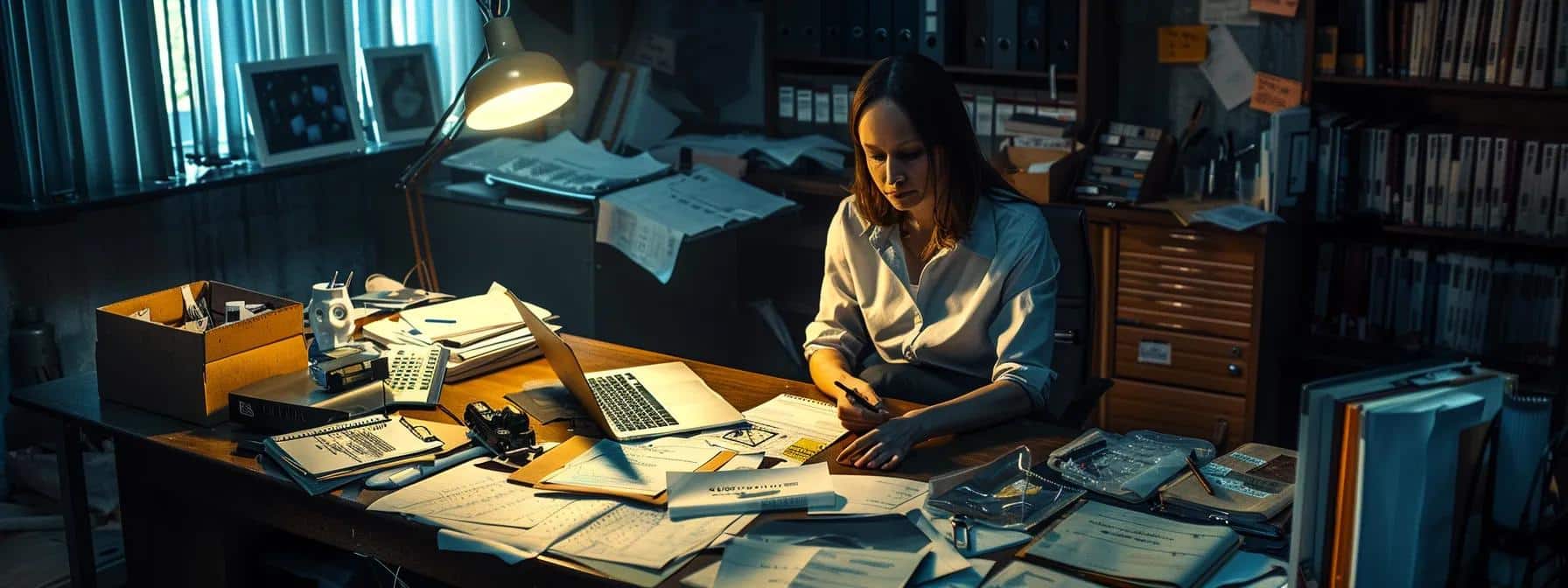 a somber, dimly lit office space features a lone woman seated at her desk, clutching her abdomen in discomfort, surrounded by scattered medical literature and a laptop, conveying the daily challenges faced by those living with endometriosis. - Rachael Haverland Site a somber, dimly lit office space features a lone woman seated at her desk, clutching her abdomen in discomfort, surrounded by scattered medical literature and a laptop, conveying the daily challenges faced by those living with endometriosis.