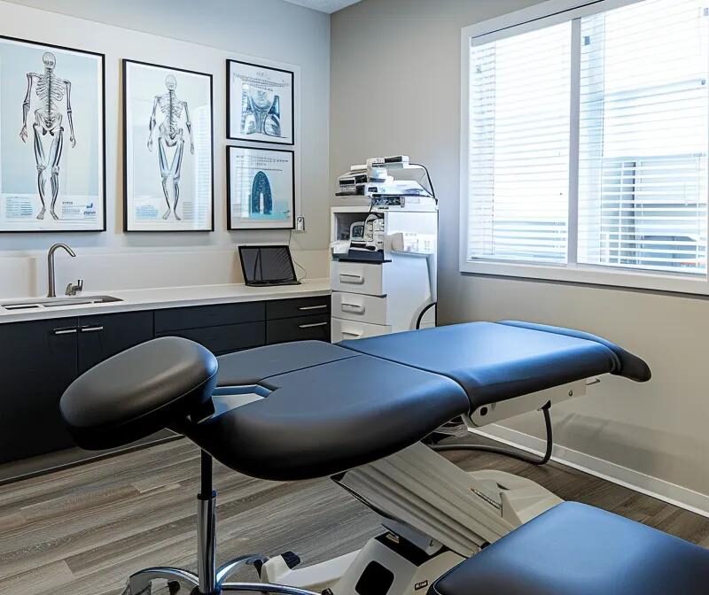 a visually engaging medical consultation room, featuring a serene atmosphere with a modern examination table and anatomical posters on the walls, highlighting the theme of understanding chronic pelvic pain associated with endometriosis.