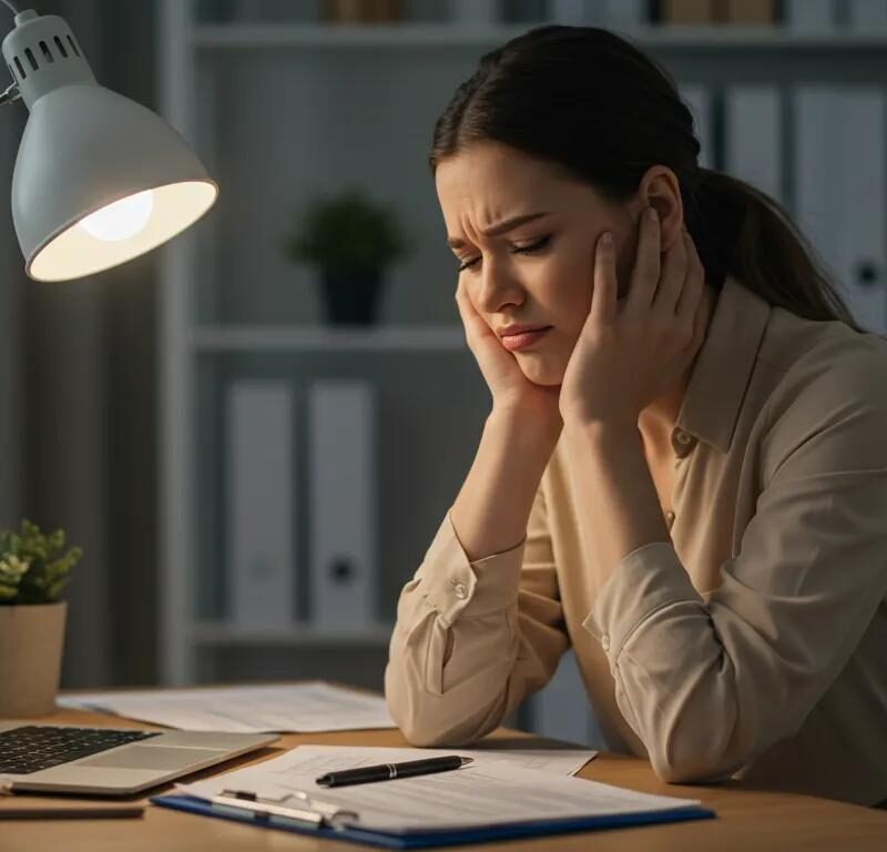 a close-up shot of a woman in a modern, minimalist office setting, seated at her desk with a pained expression, surrounded by papers and a laptop, subtly conveying the struggle of dealing with endometriosis during menstruation.