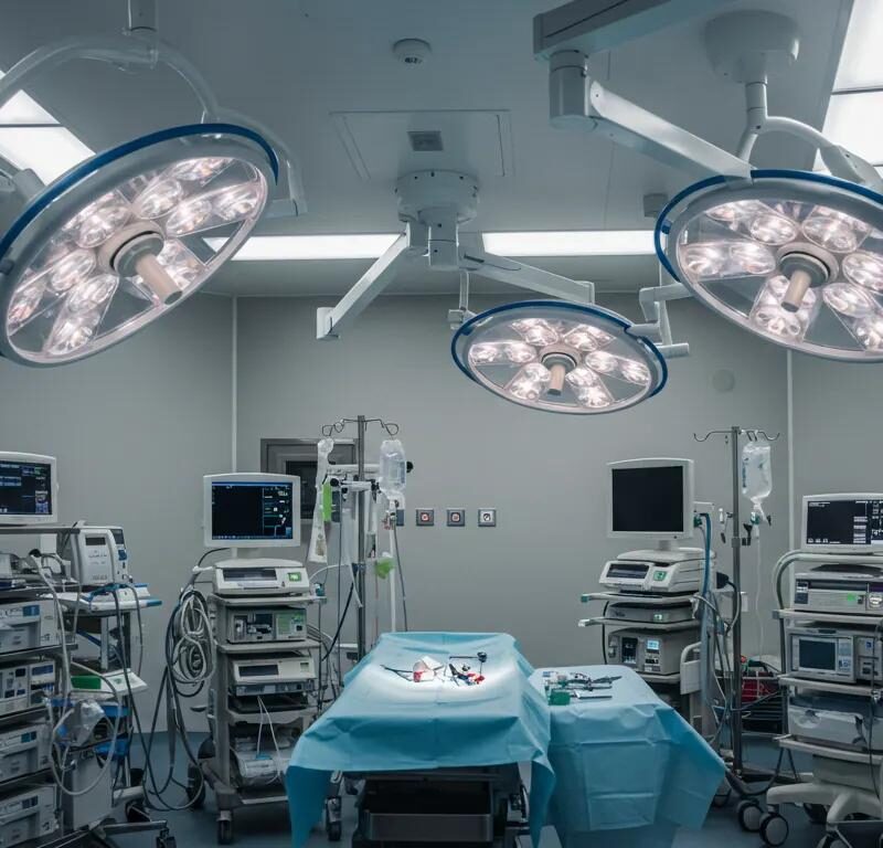 a sleek, modern surgical theater radiates with bright, clinical lighting, showcasing a high-tech laparoscopic surgery setup, with advanced medical equipment prominently featured to emphasize the precision and innovation required in treating endometriosis.