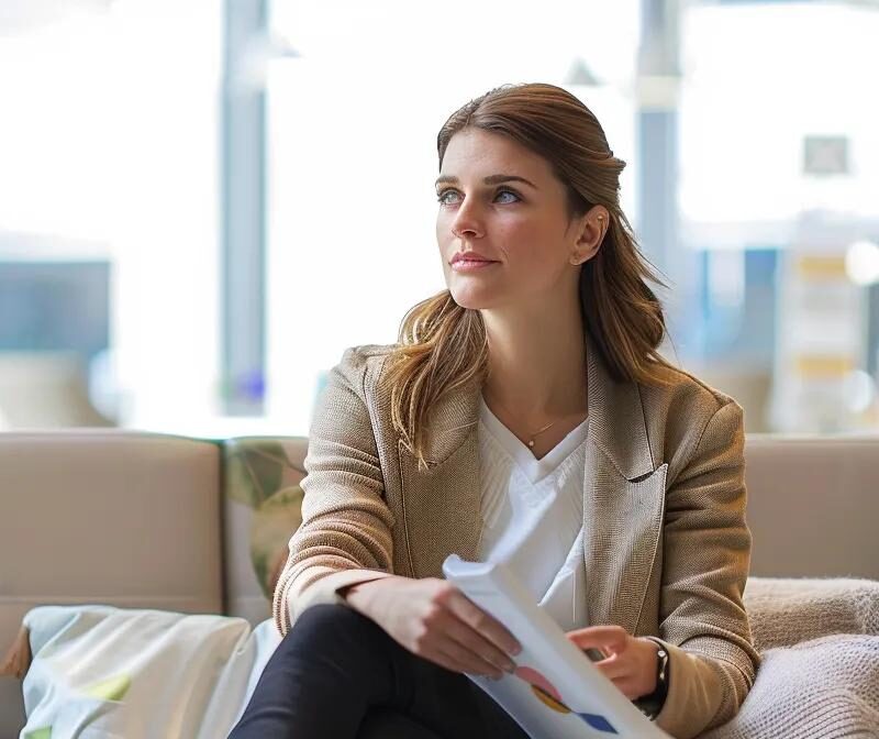 a confident woman sits in a sleek, modern office, surrounded by medical treatment options and personalized care documents, thoughtfully discussing her endometriosis management with a healthcare professional.