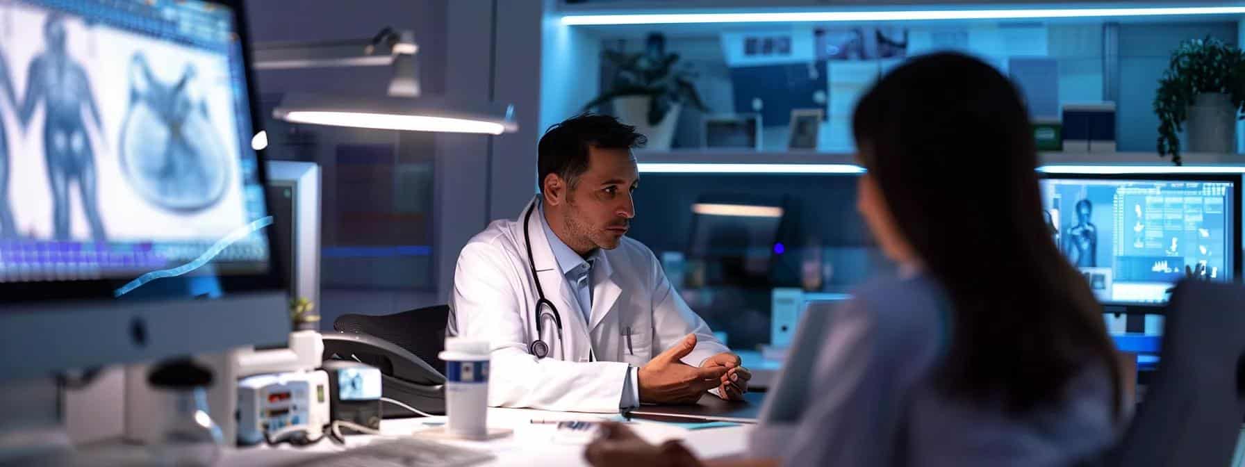 a medical consultation scene in a sleek, modern office, featuring a doctor discussing surgical options for endometriosis with a patient - Rachael Haverland Site a medical consultation scene in a sleek, modern office, featuring a doctor discussing surgical options for endometriosis with a patient