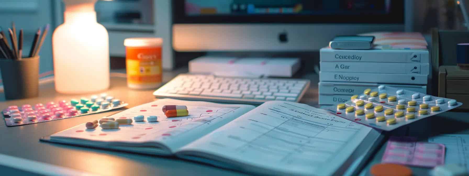 a focused office scene features a sleek desk with an open medical textbook on endometriosis, next to a neatly arranged assortment of combined hormonal contraceptives like colorful packets and patches, illuminated by bright overhead lighting that highlights their potential in managing pelvic pain. - Rachael Haverland Site a focused office scene features a sleek desk with an open medical textbook on endometriosis, next to a neatly arranged assortment of combined hormonal contraceptives like colorful packets and patches, illuminated by bright overhead lighting that highlights their potential in managing pelvic pain.