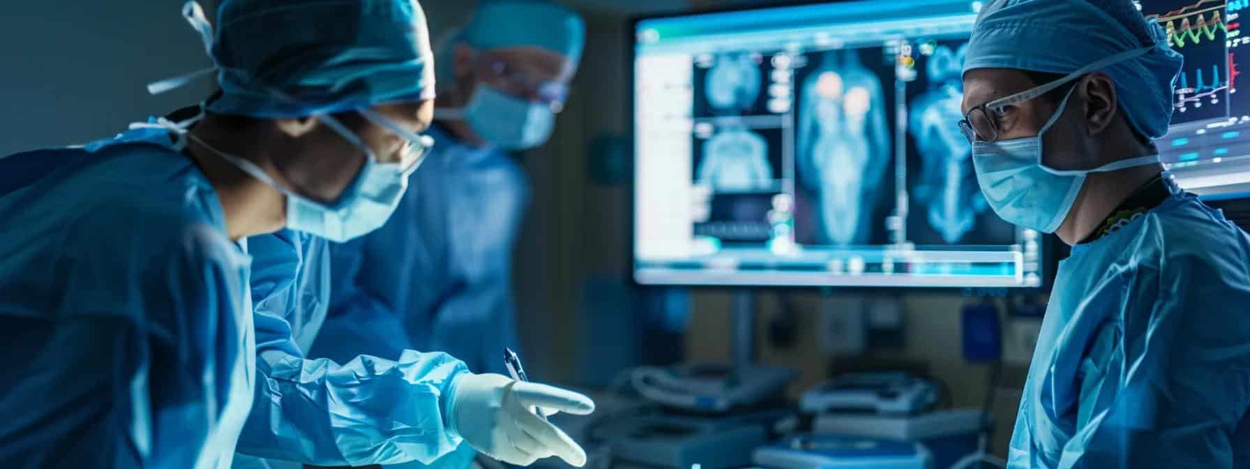 a focused surgical team collaborates in a sterile, high-tech operating room, analyzing advanced medical imaging on a screen to determine the best surgical approach for optimizing fertility outcomes in endometriosis patients.