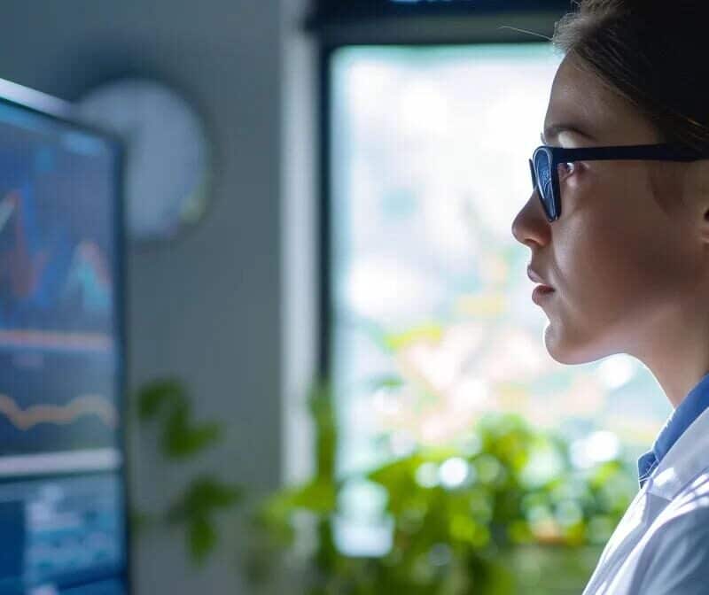 a modern office setting with a focused medical professional analyzing a digital timeline display that illustrates the expected results and milestones of endometriosis treatment options, exuding an atmosphere of hope and clarity.