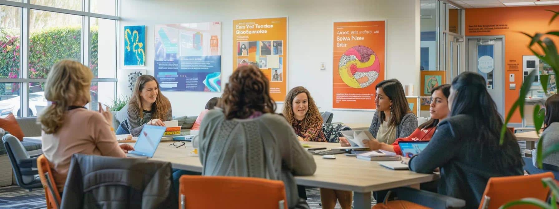 a modern office space filled with diverse individuals engaged in animated discussions around a table, surrounded by vibrant informational posters about endometriosis support and resources, illuminated by bright, focused lighting. - Rachael Haverland Site a modern office space filled with diverse individuals engaged in animated discussions around a table, surrounded by vibrant informational posters about endometriosis support and resources, illuminated by bright, focused lighting.