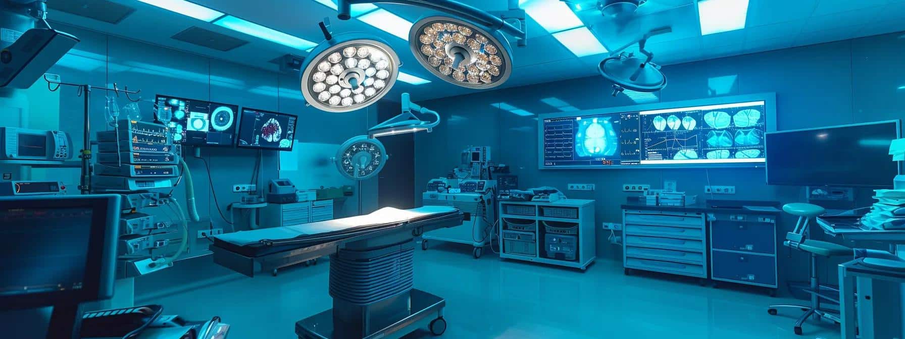a modern surgical room filled with advanced medical equipment and a large screen displaying a detailed comparison of surgical techniques for endometriosis, illuminated by bright overhead lights that enhance the sterile, clinical environment.