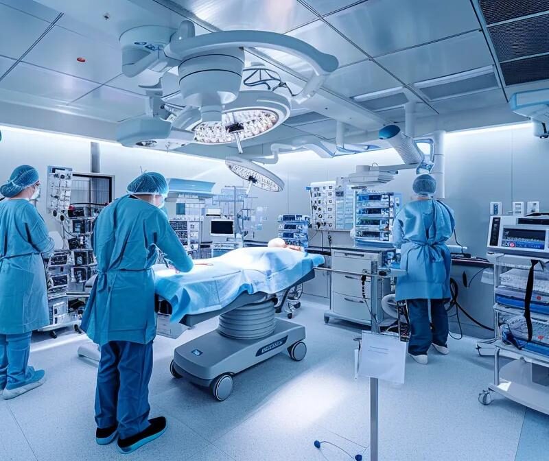 a modern, well-lit surgical room showcases advanced medical equipment and a focused surgical team preparing for an endometriosis procedure, highlighting the precision and care involved in surgical treatment.