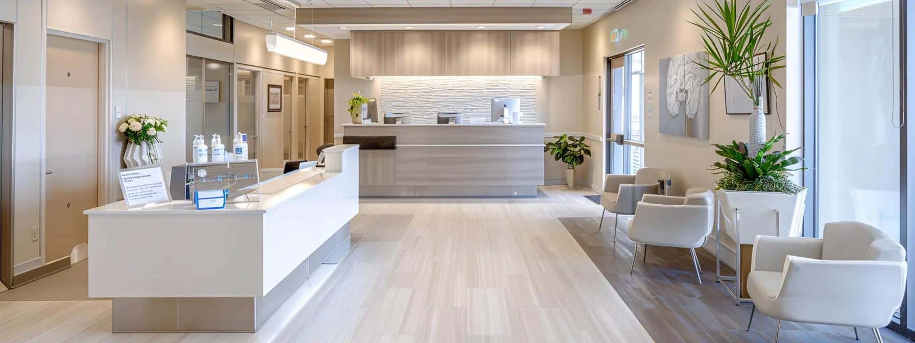 a sleek, modern medical office featuring an elegant consultation area with a focus on anatomical models and hormonal treatment brochures, emphasizing the clinical approach to managing endometriosis. - Rachael Haverland Site a sleek, modern medical office featuring an elegant consultation area with a focus on anatomical models and hormonal treatment brochures, emphasizing the clinical approach to managing endometriosis.