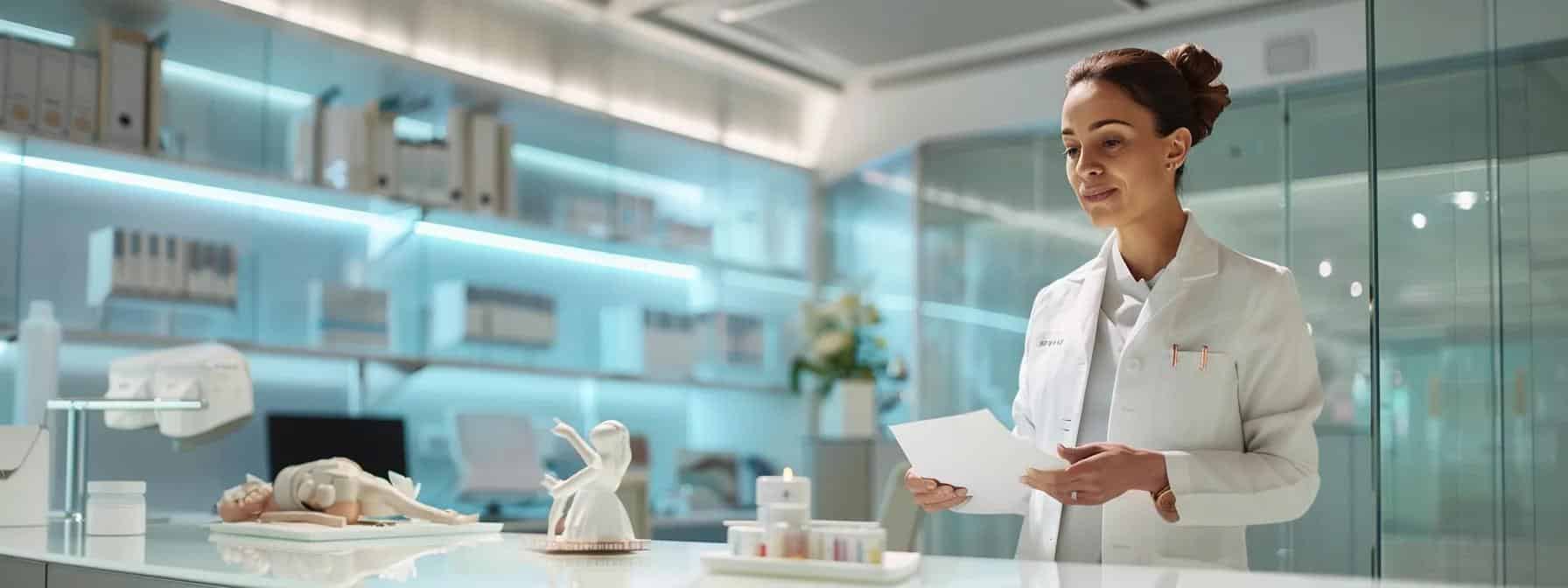 a sleek, modern medical office setting with a confident healthcare professional discussing hormonal therapy options for endometriosis, illuminated by soft, focused lighting that highlights educational materials and anatomical models on a polished desk. - Rachael Haverland Site a sleek, modern medical office setting with a confident healthcare professional discussing hormonal therapy options for endometriosis, illuminated by soft, focused lighting that highlights educational materials and anatomical models on a polished desk.
