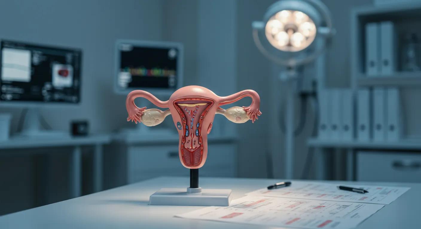 a focused, high-contrast image of a sterile, modern clinic office, featuring a prominent anatomical model of the female reproductive system amidst medical charts and digital screens, symbolizing the complexities of endometriosis and its impact on fertility. - Rachael Haverland Site a focused, high-contrast image of a sterile, modern clinic office, featuring a prominent anatomical model of the female reproductive system amidst medical charts and digital screens, symbolizing the complexities of endometriosis and its impact on fertility.