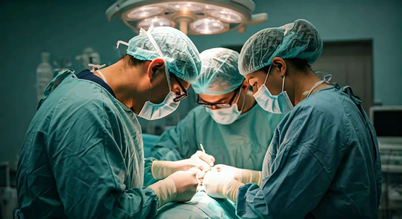 a sterile, well-lit surgical room showcases a focused team of healthcare professionals engaged in a meticulous procedure, signifying the critical role of surgery in enhancing fertility by addressing endometriosis.
