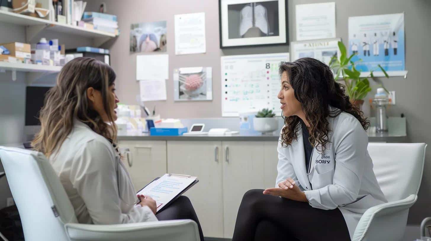 a focused and serene clinical consultation setting, where a healthcare professional discusses endometriosis and fertility with a patient, surrounded by informative medical charts and resources that convey a sense of trust and support. - Rachael Haverland Site a focused and serene clinical consultation setting, where a healthcare professional discusses endometriosis and fertility with a patient, surrounded by informative medical charts and resources that convey a sense of trust and support.