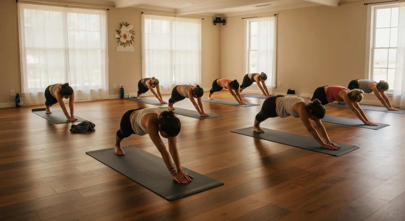 a serene yoga studio bathed in soft, warm light, featuring a diverse group of individuals practicing gentle poses on mats, creating a harmonious atmosphere that embodies wellness and support for reproductive health. - Rachael Haverland Site a serene yoga studio bathed in soft, warm light, featuring a diverse group of individuals practicing gentle poses on mats, creating a harmonious atmosphere that embodies wellness and support for reproductive health.