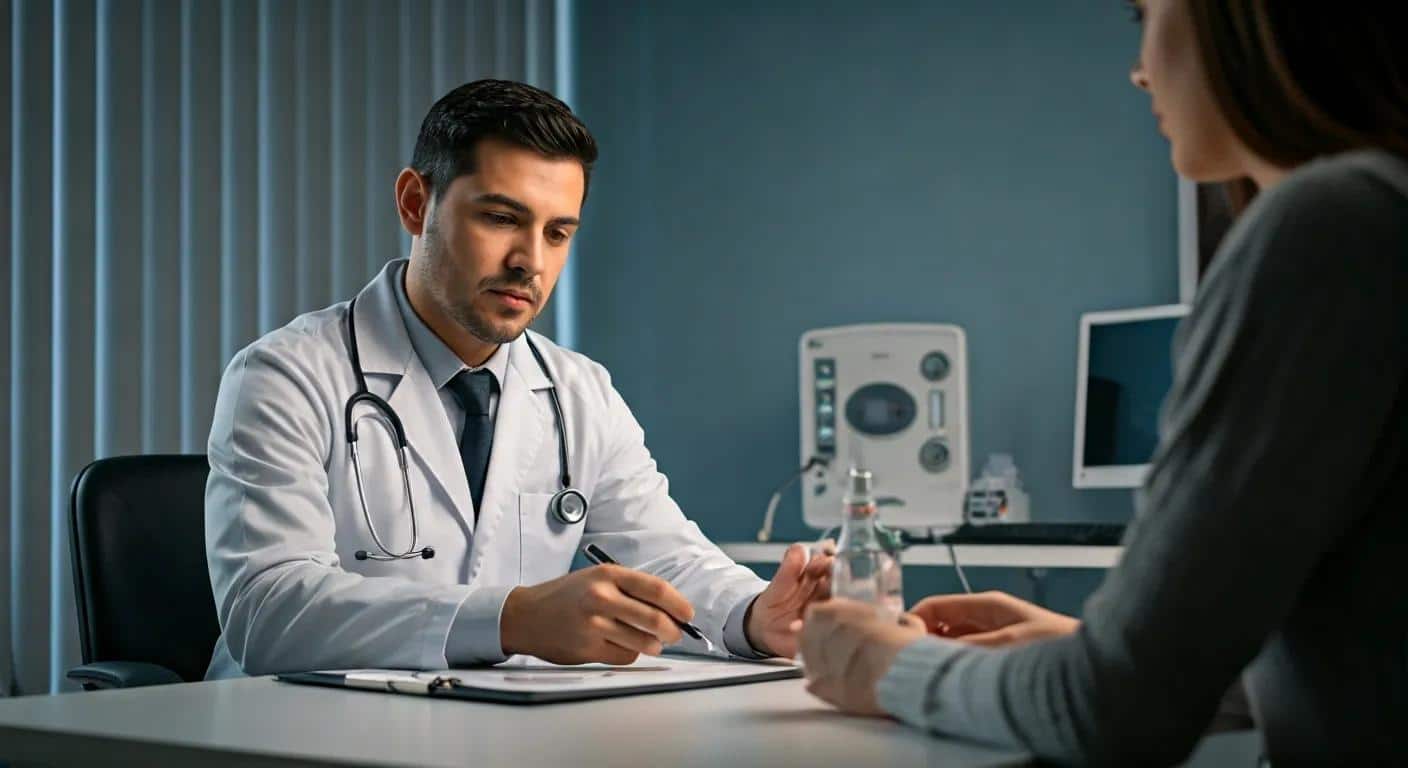 a focused medical consultation in a modern clinic, showcasing a compassionate doctor reviewing an ivf success rate chart with a concerned patient amidst a backdrop of advanced reproductive technology equipment.