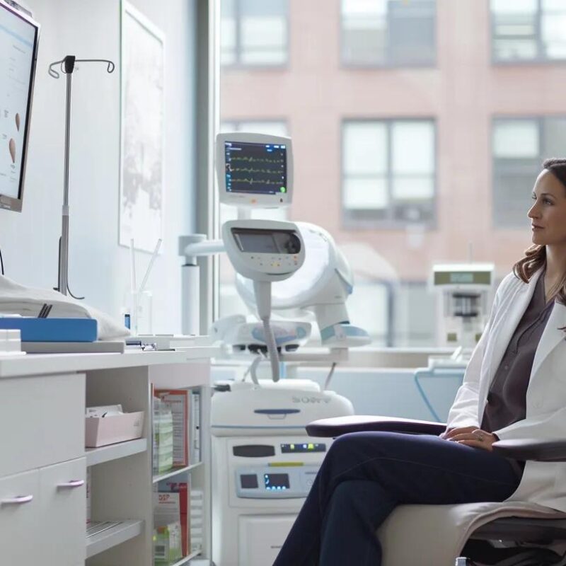 a modern healthcare consultation room features a confident woman engaged in a thoughtful discussion with a compassionate fertility specialist, surrounded by informative brochures and advanced medical equipment, symbolizing the empowering journey of fertility preservation for endometriosis patients.