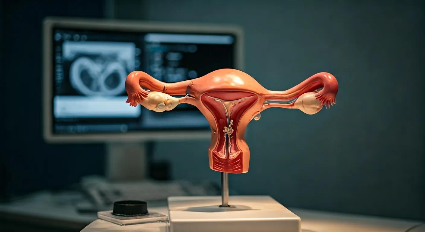 a focused medical examination room, featuring advanced imaging equipment and a detailed anatomical model of the female reproductive system, highlighting the complications of endometriosis and its impact on fertility with a professional atmosphere. - Rachael Haverland Site a focused medical examination room, featuring advanced imaging equipment and a detailed anatomical model of the female reproductive system, highlighting the complications of endometriosis and its impact on fertility with a professional atmosphere.