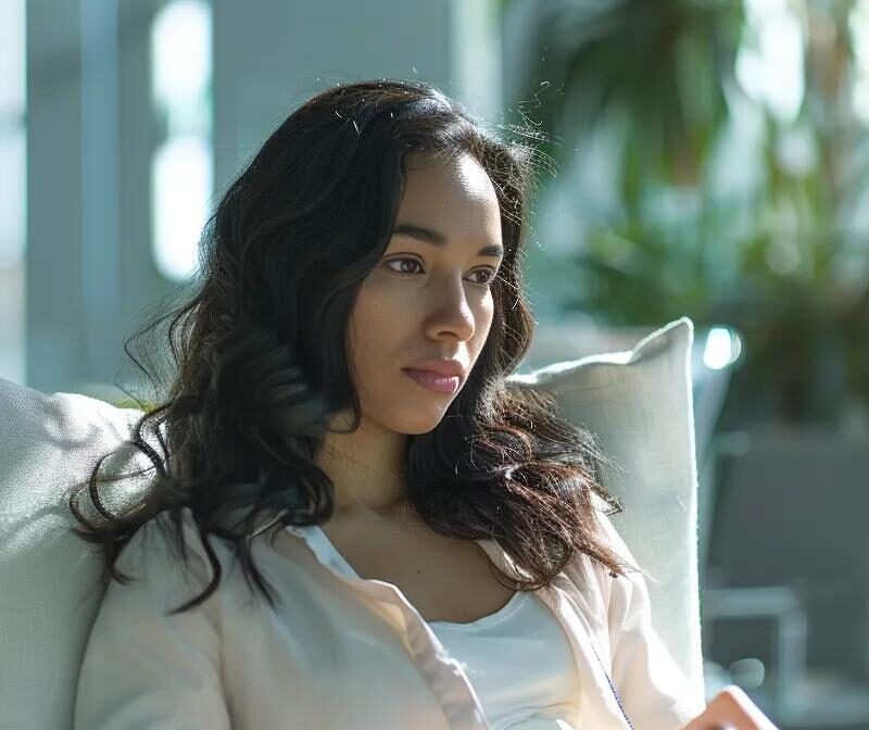 a contemplative woman sits thoughtfully in a modern, softly lit medical office, surrounded by fertility charts and medical textbooks, symbolizing the emotional journey and complexity of navigating endometriosis and its impact on fertility.