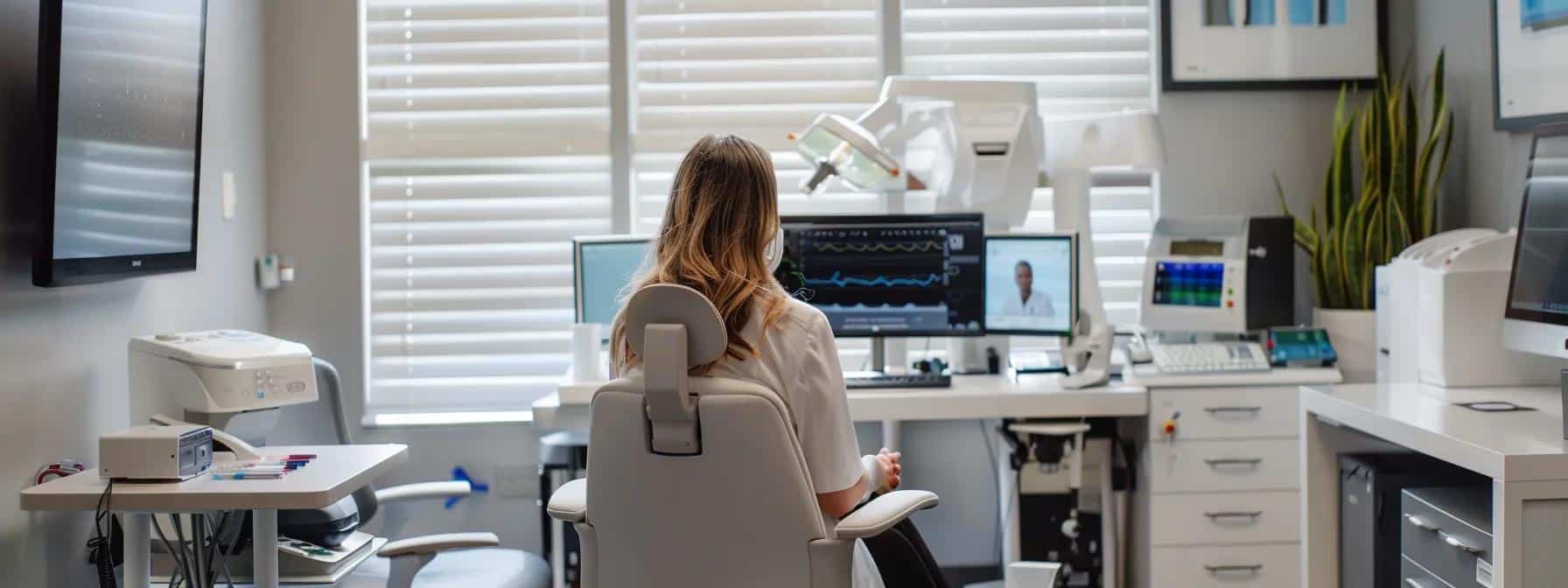 a focused, modern medical office with a contemplative patient sitting across from a knowledgeable fertility specialist, surrounded by advanced technological equipment that signifies the serious consideration of advanced fertility treatments for endometriosis. - Rachael Haverland Site a focused, modern medical office with a contemplative patient sitting across from a knowledgeable fertility specialist, surrounded by advanced technological equipment that signifies the serious consideration of advanced fertility treatments for endometriosis.