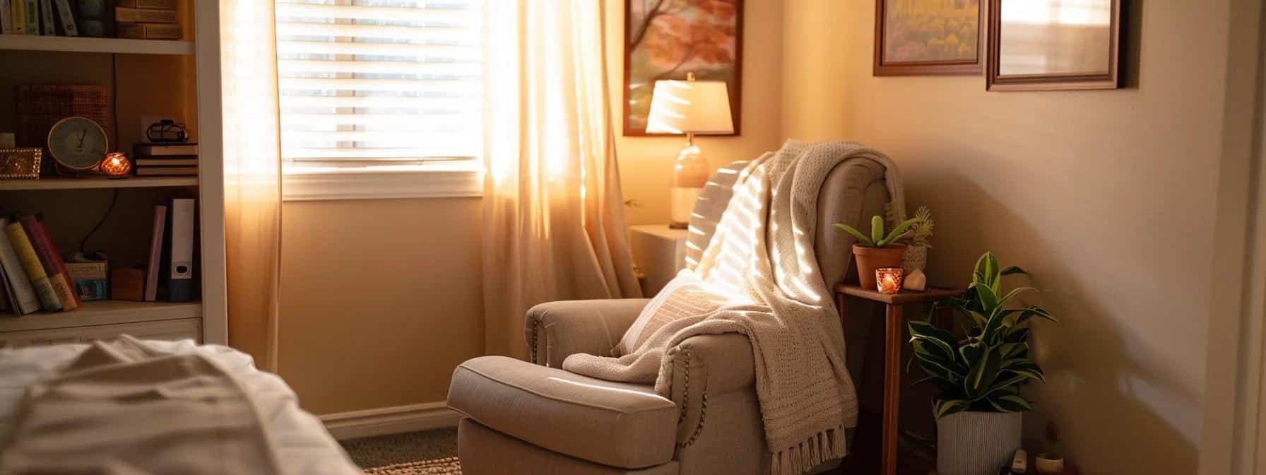 a serene and inviting therapy office captures a moment of comfort, featuring a plush chair, warm lighting, and emotional support resources like books and calming artwork, reflecting a safe space for individuals navigating the challenges of fertility and endometriosis. - Rachael Haverland Site a serene and inviting therapy office captures a moment of comfort, featuring a plush chair, warm lighting, and emotional support resources like books and calming artwork, reflecting a safe space for individuals navigating the challenges of fertility and endometriosis.