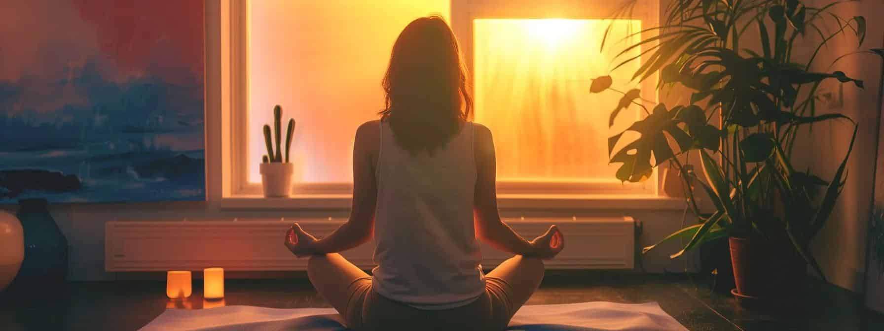 a serene office space features a mindful woman meditating on a plush yoga mat, bathed in soft, warm light, as calming elements like a gentle candle glow and abstract art adorn the minimalist surroundings, symbolizing the emotional healing journey for women with endometriosis. - Rachael Haverland Site a serene office space features a mindful woman meditating on a plush yoga mat, bathed in soft, warm light, as calming elements like a gentle candle glow and abstract art adorn the minimalist surroundings, symbolizing the emotional healing journey for women with endometriosis.