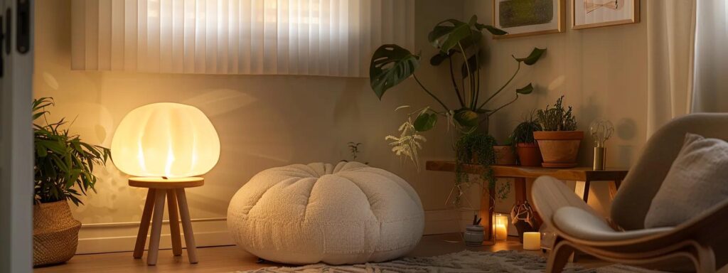 a serene, softly lit therapy room features a plush meditation cushion and calming artwork, embodying the theme of mindfulness as a technique for easing endometriosis symptoms.