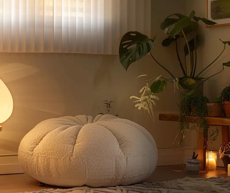 a serene, softly lit therapy room features a plush meditation cushion and calming artwork, embodying the theme of mindfulness as a technique for easing endometriosis symptoms.