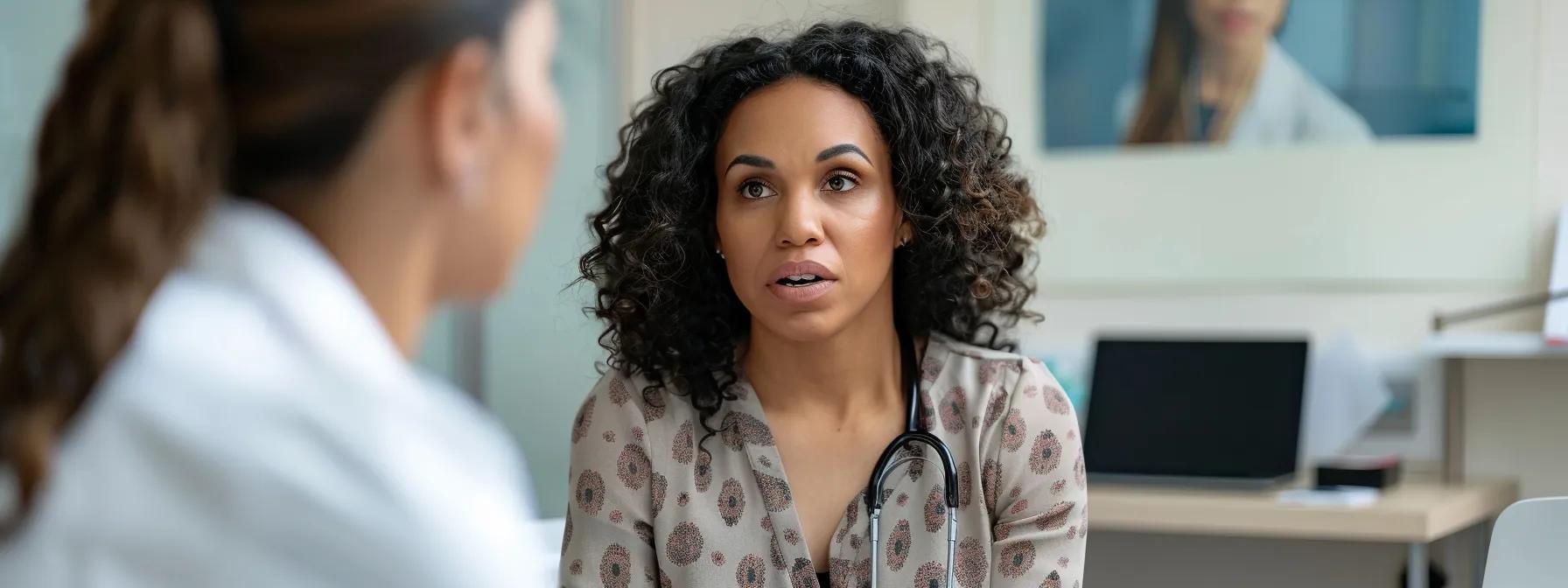 a close-up view of a concerned woman in a modern, well-lit doctor's office, seated with a medical professional explaining the complexities of endometriosis and its impact on the menstrual cycle, conveying a sense of urgency and emotional weight. - Rachael Haverland Site a close-up view of a concerned woman in a modern, well-lit doctor's office, seated with a medical professional explaining the complexities of endometriosis and its impact on the menstrual cycle, conveying a sense of urgency and emotional weight.
