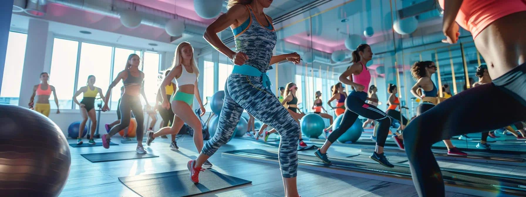 a dynamic indoor fitness studio, filled with vibrant exercise equipment, showcases a diverse group of women engaging in a lively workout session, radiating energy and determination as they focus on their physical well-being while managing endometriosis. - Rachael Haverland Site a dynamic indoor fitness studio, filled with vibrant exercise equipment, showcases a diverse group of women engaging in a lively workout session, radiating energy and determination as they focus on their physical well-being while managing endometriosis.