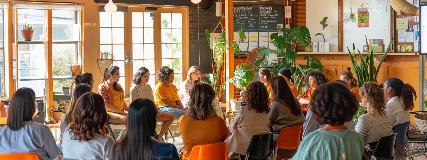 a focused and inviting indoor workshop setting features a diverse group of women engaged in a mindfulness session, surrounded by vibrant resources and materials dedicated to endometriosis support, fostering a sense of connection and empowerment. - Rachael Haverland Site a focused and inviting indoor workshop setting features a diverse group of women engaged in a mindfulness session, surrounded by vibrant resources and materials dedicated to endometriosis support, fostering a sense of connection and empowerment.