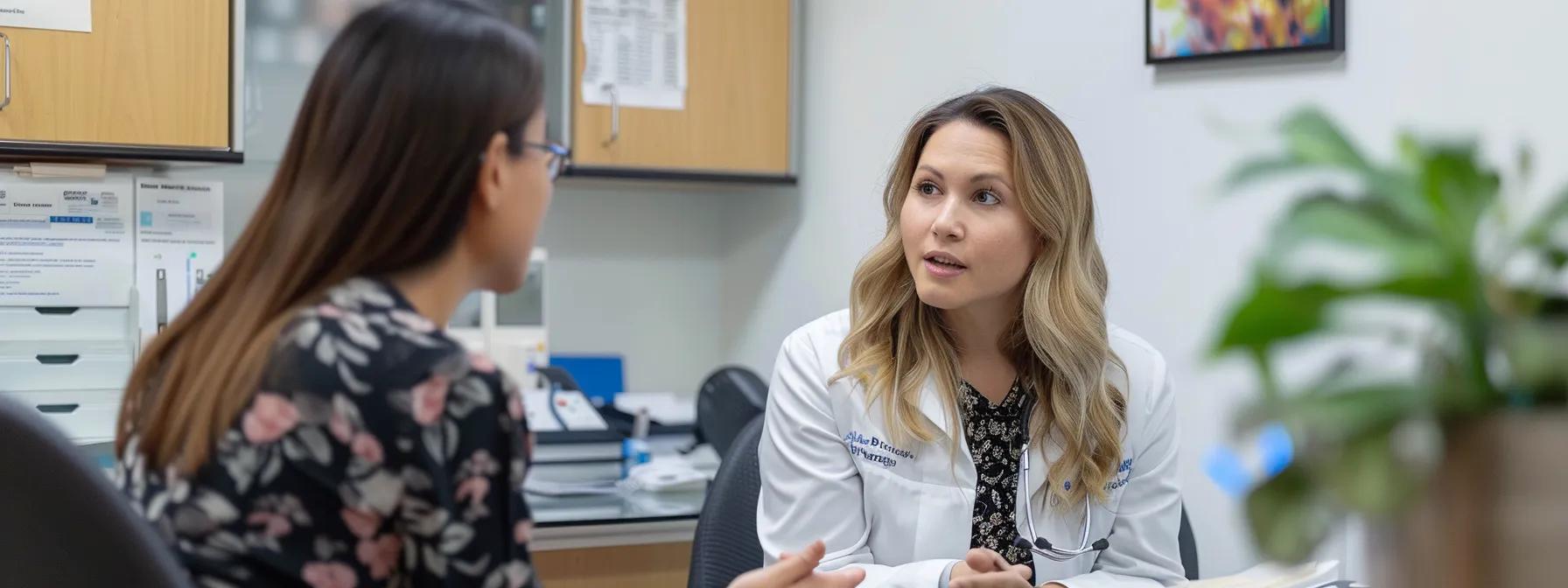 a focused clinician and a patient engage in an informative discussion within a modern, well-lit medical office, surrounded by charts and treatment options showcasing the evaluation of endometriosis pain relief strategies. - Rachael Haverland Site a focused clinician and a patient engage in an informative discussion within a modern, well-lit medical office, surrounded by charts and treatment options showcasing the evaluation of endometriosis pain relief strategies.