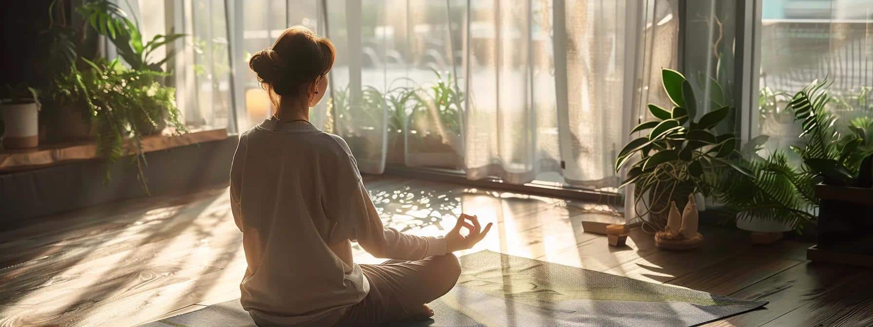 a serene office space features a meditative individual seated on a yoga mat, surrounded by calming décor, as soft ambient light filters through a nearby window, symbolizing the harmonious blend of mindfulness and medical treatment for endometriosis. - Rachael Haverland Site a serene office space features a meditative individual seated on a yoga mat, surrounded by calming décor, as soft ambient light filters through a nearby window, symbolizing the harmonious blend of mindfulness and medical treatment for endometriosis.