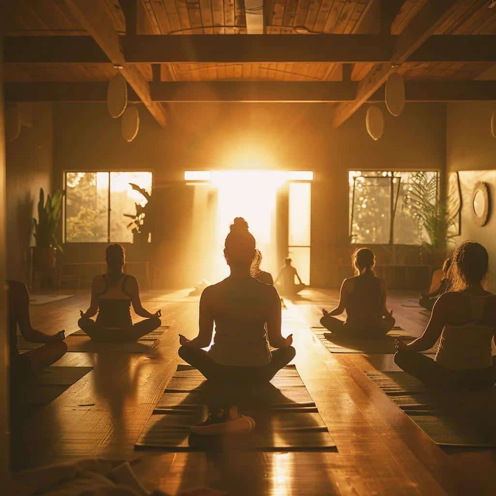 a serene yoga studio bathed in soft, ambient lighting, featuring a diverse group of individuals in tranquil poses, embodying harmony and relief as they practice techniques designed to alleviate endometriosis pain.
