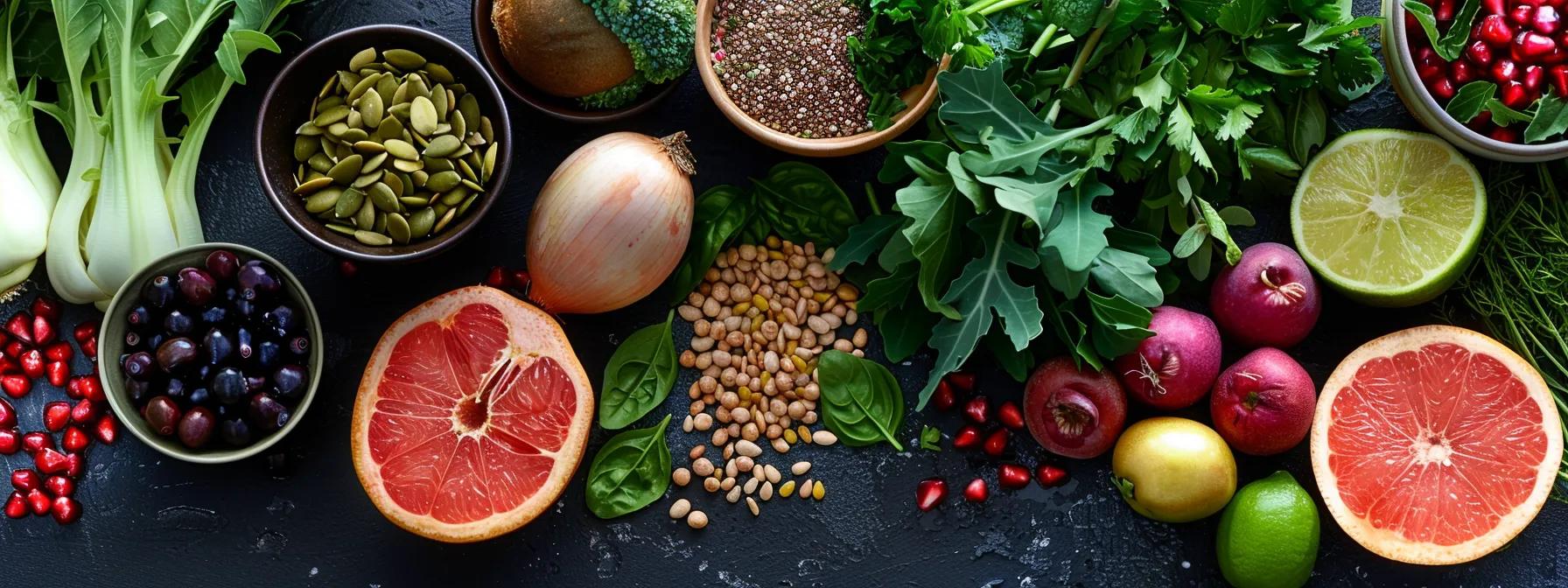 a vibrant, modern kitchen countertop is artfully arranged with colorful, fresh ingredients like leafy greens, bright fruits, and whole grains, symbolizing a balanced nutrition diet designed to manage endometriosis symptoms. - Rachael Haverland Site a vibrant, modern kitchen countertop is artfully arranged with colorful, fresh ingredients like leafy greens, bright fruits, and whole grains, symbolizing a balanced nutrition diet designed to manage endometriosis symptoms.