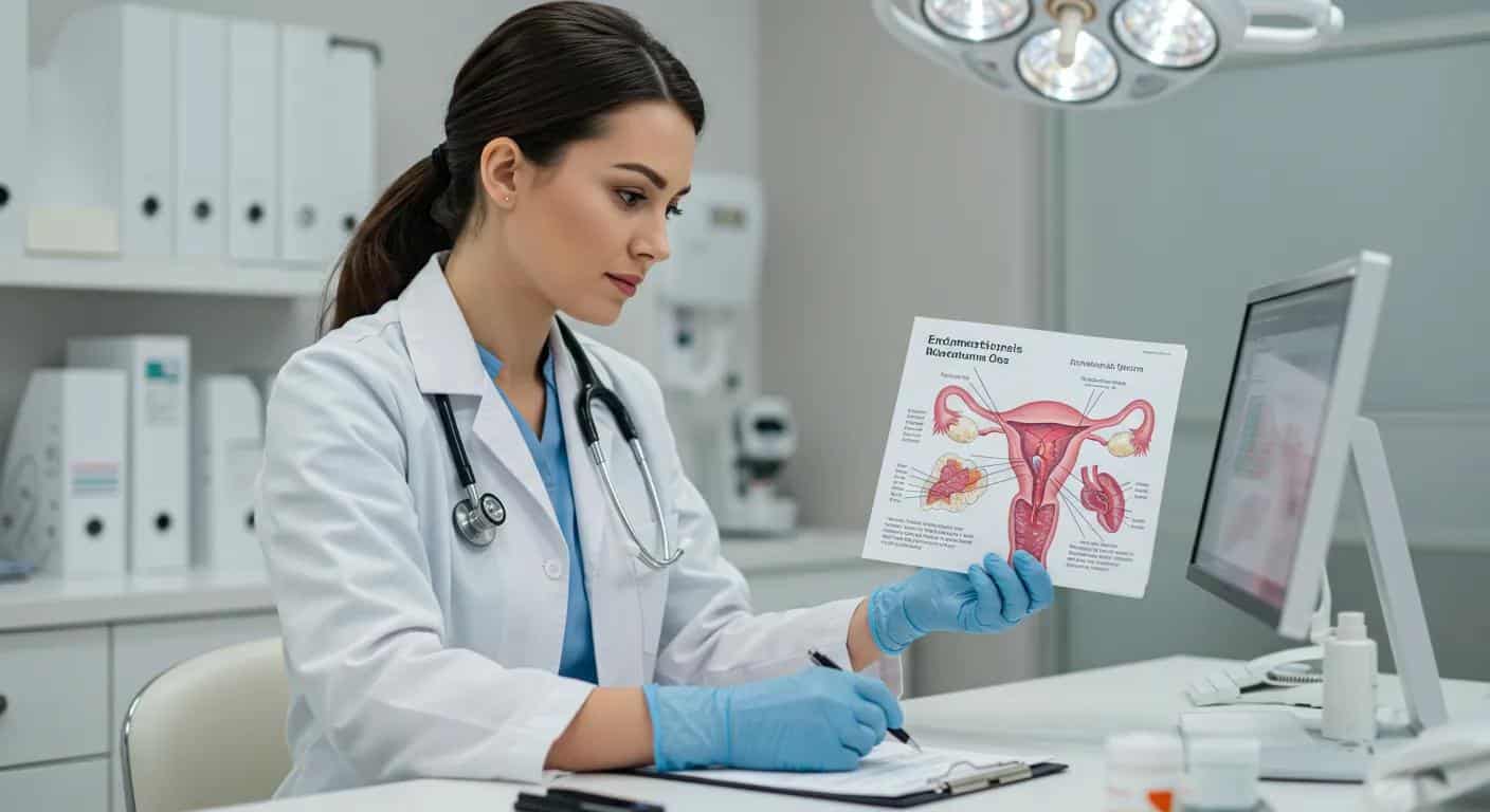 in a modern, minimalist clinic, a focused medical professional examines a detailed diagram of the female reproductive system, highlighting the impact of endometriosis on women's health, while an empathetic expression conveys the seriousness of the condition. - Rachael Haverland Site in a modern, minimalist clinic, a focused medical professional examines a detailed diagram of the female reproductive system, highlighting the impact of endometriosis on women's health, while an empathetic expression conveys the seriousness of the condition.