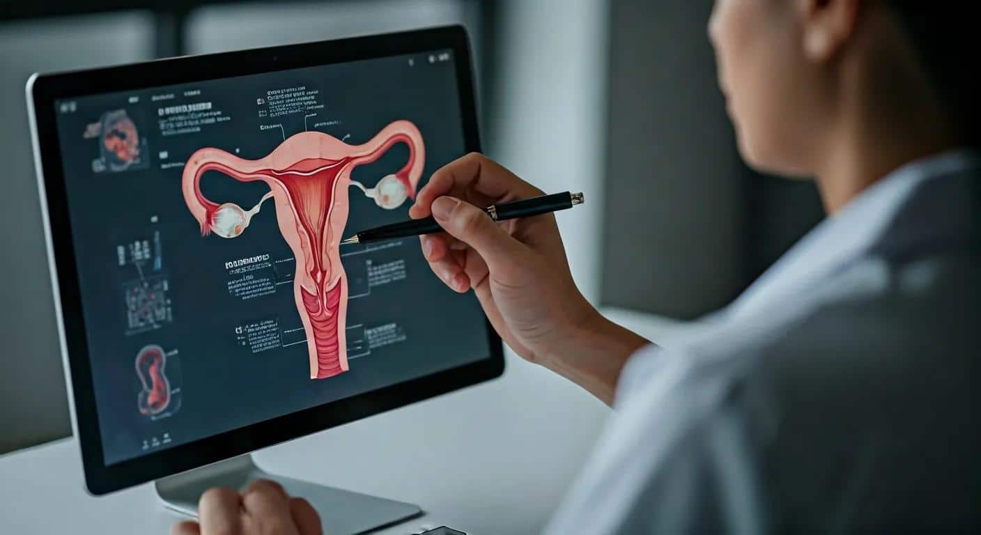 a focused and dramatic close-up of a medical professional analyzing intricate diagrams of the female reproductive system on a sleek, modern office screen, highlighting the complexities of endometriosis and its impact on fertility. - Rachael Haverland Site a focused and dramatic close-up of a medical professional analyzing intricate diagrams of the female reproductive system on a sleek, modern office screen, highlighting the complexities of endometriosis and its impact on fertility.