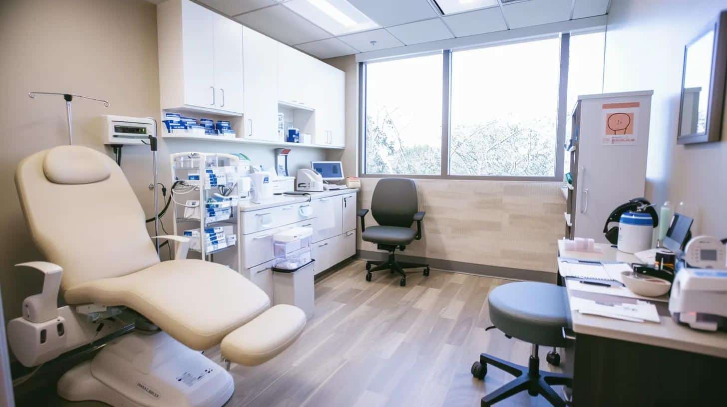 a brightly lit, modern fertility clinic consultation room features a confident woman engaging with a supportive medical professional, surrounded by advanced ivf technology and informational materials, symbolizing hope and progress in the journey through endometriosis and ivf.