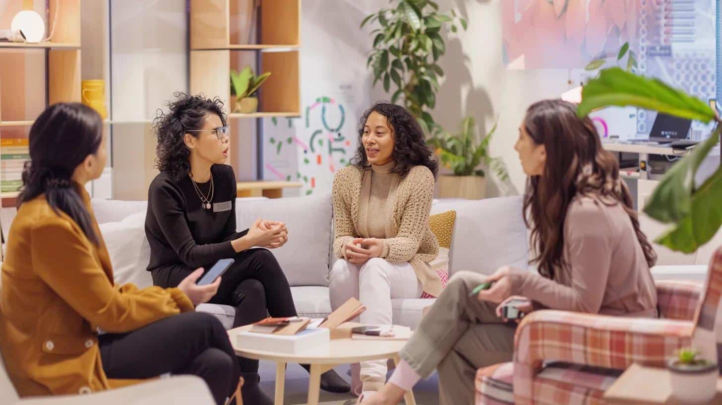 a modern, bright office space features a diverse group of women engaged in a supportive discussion, surrounded by educational materials about managing endometriosis and natural fertility, highlighting empowerment and community. - Rachael Haverland Site a modern, bright office space features a diverse group of women engaged in a supportive discussion, surrounded by educational materials about managing endometriosis and natural fertility, highlighting empowerment and community.