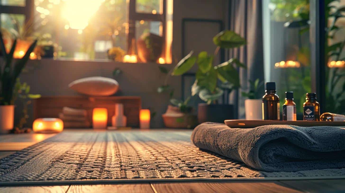a serene, modern therapy room filled with warm, ambient lighting, showcasing a yoga mat, essential oils, and nutritional supplements, symbolizing the holistic approach to managing endometriosis and enhancing fertility. - Rachael Haverland Site a serene, modern therapy room filled with warm, ambient lighting, showcasing a yoga mat, essential oils, and nutritional supplements, symbolizing the holistic approach to managing endometriosis and enhancing fertility.