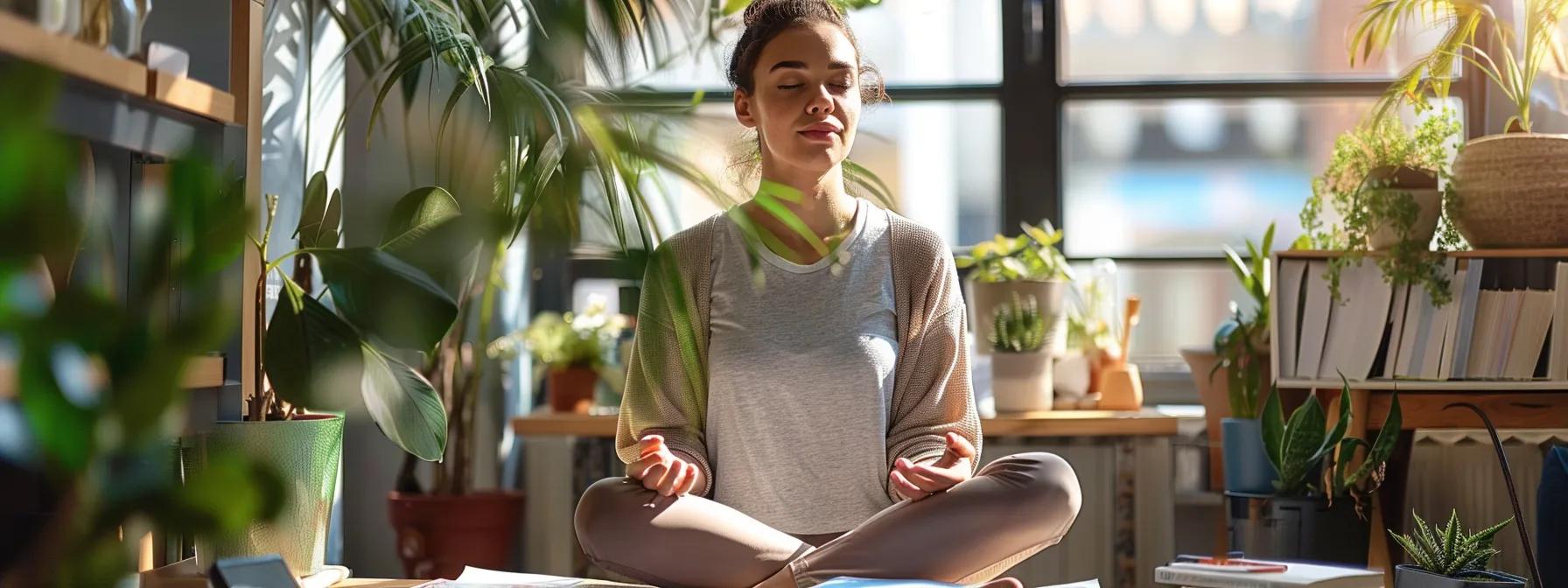 a cozy, modern office space features a serene woman engaged in meditation, surrounded by wellness items like herbal teas and journals, symbolizing the transformative impact of lifestyle changes on endometriosis pain relief. - Rachael Haverland Site a cozy, modern office space features a serene woman engaged in meditation, surrounded by wellness items like herbal teas and journals, symbolizing the transformative impact of lifestyle changes on endometriosis pain relief.