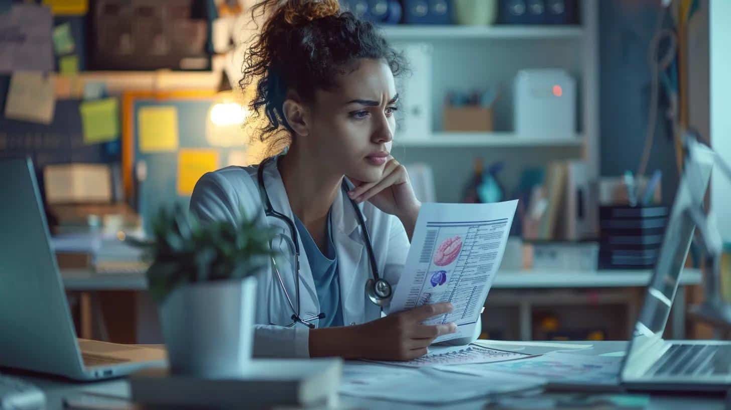 a focused woman sits at a sleek office desk, surrounded by medical charts and a laptop, deep in thought as she examines a highlighted document about the less common symptoms of endometriosis, conveying determination and insight.