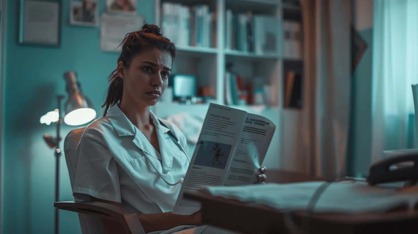 a dimly lit doctor's office features a thoughtful woman seated on an examination table, her expression reflecting a mix of concern and contemplation as she holds a medical pamphlet discussing the symptoms of endometriosis. - Rachael Haverland Site a dimly lit doctor's office features a thoughtful woman seated on an examination table, her expression reflecting a mix of concern and contemplation as she holds a medical pamphlet discussing the symptoms of endometriosis.
