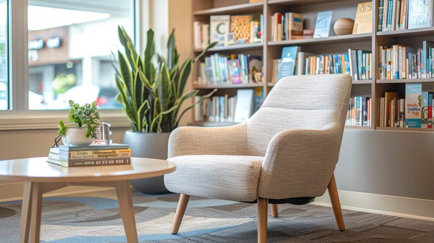 a modern, well-lit counseling office features a comforting chair and a coffee table adorned with self-help books, symbolizing the integration of emotional support and lifestyle changes in managing endometriosis. - Rachael Haverland Site a modern, well-lit counseling office features a comforting chair and a coffee table adorned with self-help books, symbolizing the integration of emotional support and lifestyle changes in managing endometriosis.