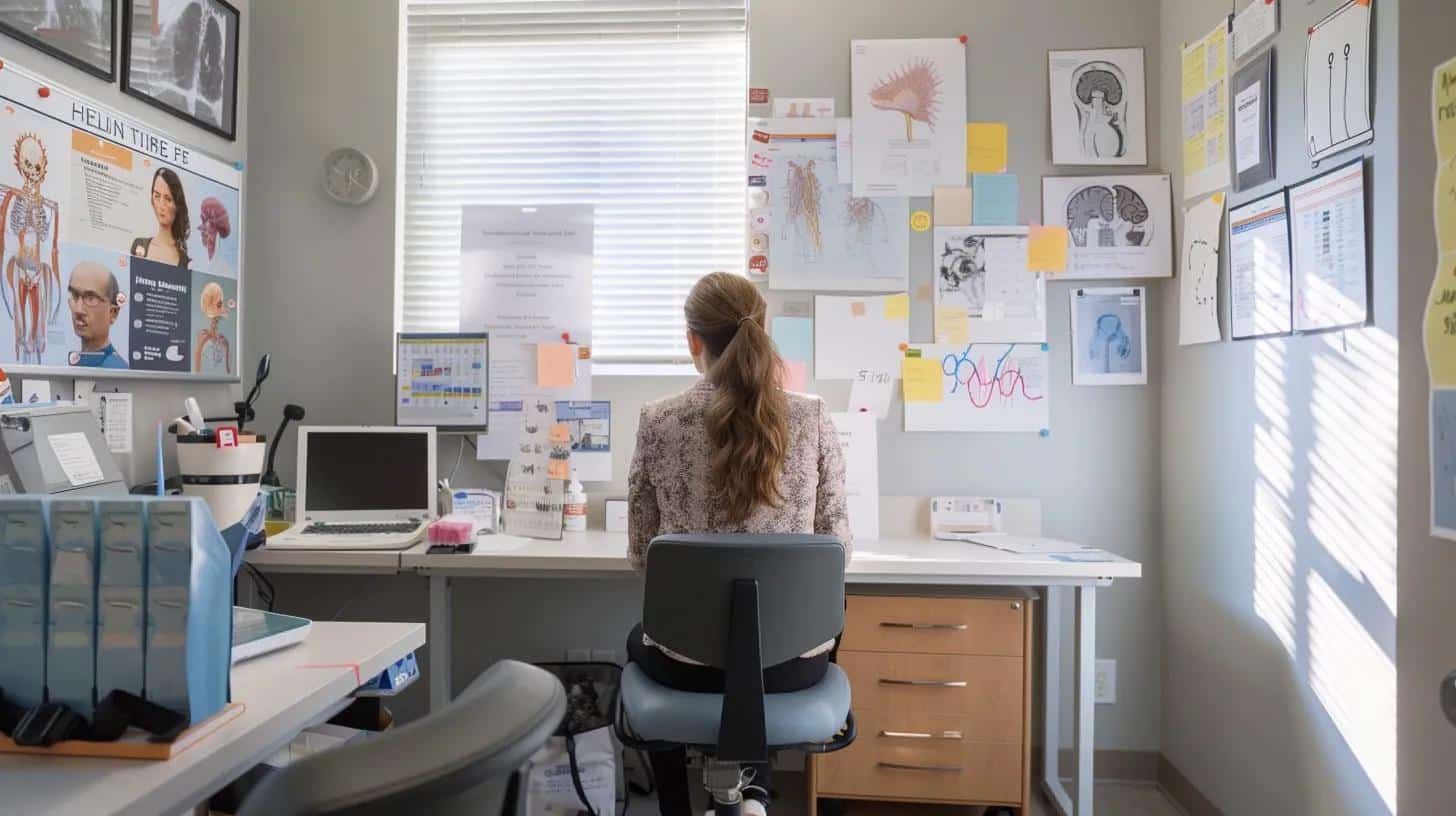a somber, modern medical office setting featuring a patient sitting thoughtfully on an examination table, surrounded by anatomical charts and educational materials about endometriosis, conveying the gravity of chronic pelvic pain and its impact on daily life.