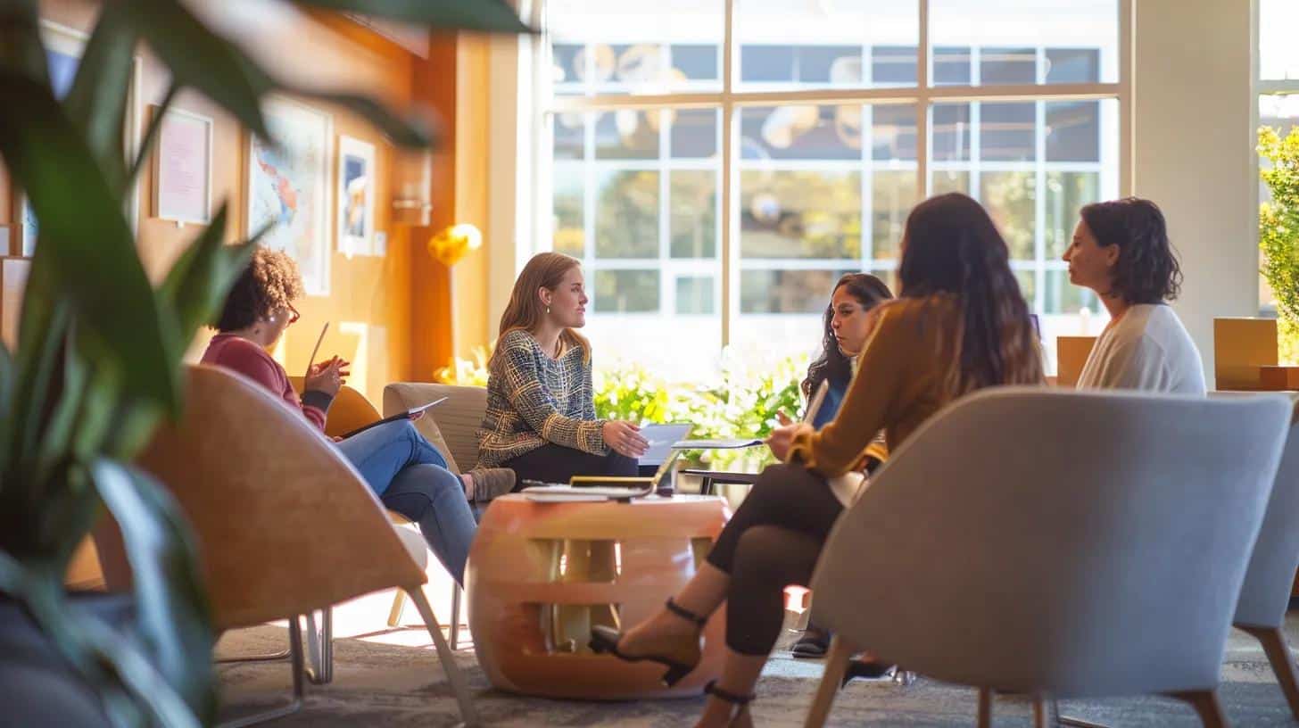 a thoughtfully arranged, modern office space features a diverse group of individuals engaged in a supportive discussion about managing endometriosis, surrounded by informative materials and resources, conveying a sense of community and empowerment. - Rachael Haverland Site a thoughtfully arranged, modern office space features a diverse group of individuals engaged in a supportive discussion about managing endometriosis, surrounded by informative materials and resources, conveying a sense of community and empowerment.