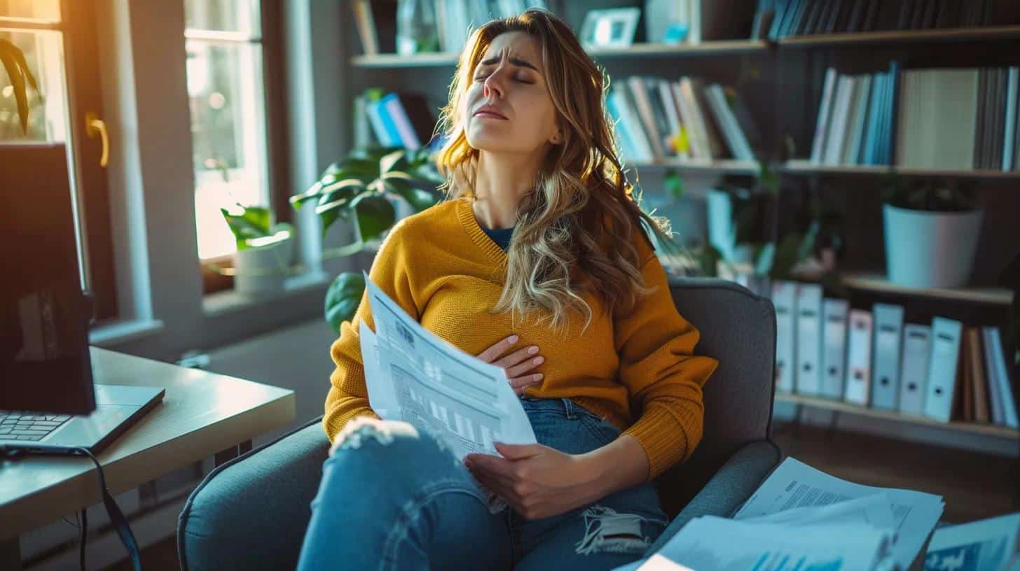 a woman sits in a modern office, visibly distressed and holding her abdomen, surrounded by paperwork and a computer, illustrating the emotional and physical toll of endometriosis on daily life and well-being.