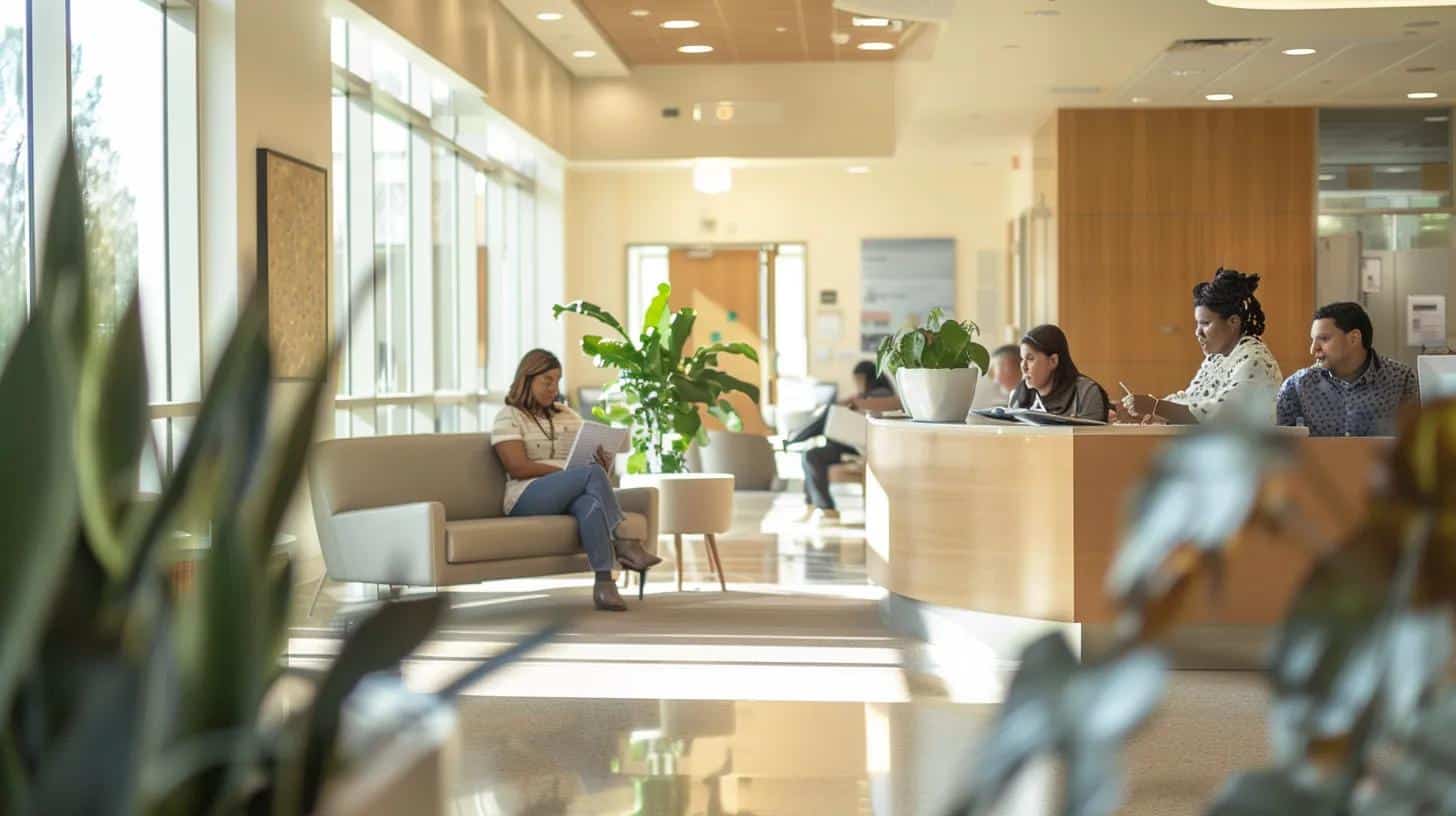 a modern, well-lit clinic waiting room showcases diverse patients engaging with informative pamphlets about endometriosis and fertility, signaling a hub of expert care and support. - Rachael Haverland Site a modern, well-lit clinic waiting room showcases diverse patients engaging with informative pamphlets about endometriosis and fertility, signaling a hub of expert care and support.