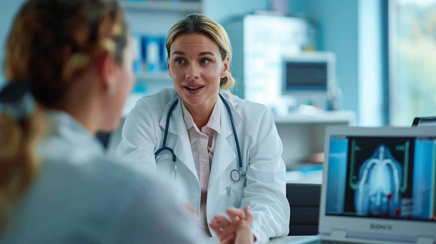 a focused consultation scene in a modern, well-lit medical office, featuring a confident endometriosis specialist discussing treatment options with a patient, surrounded by advanced medical charts and technology. - Rachael Haverland Site a focused consultation scene in a modern, well-lit medical office, featuring a confident endometriosis specialist discussing treatment options with a patient, surrounded by advanced medical charts and technology.